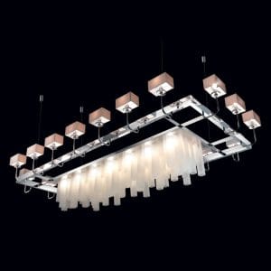 Shiny chrome metal and Swarovski crystal chandelier, clean and minimal style